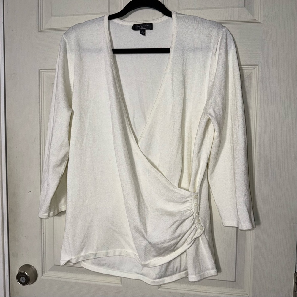 Spense Cream Wrap Lightweight Sweater Blouse Womens XL Side Button Knit Top